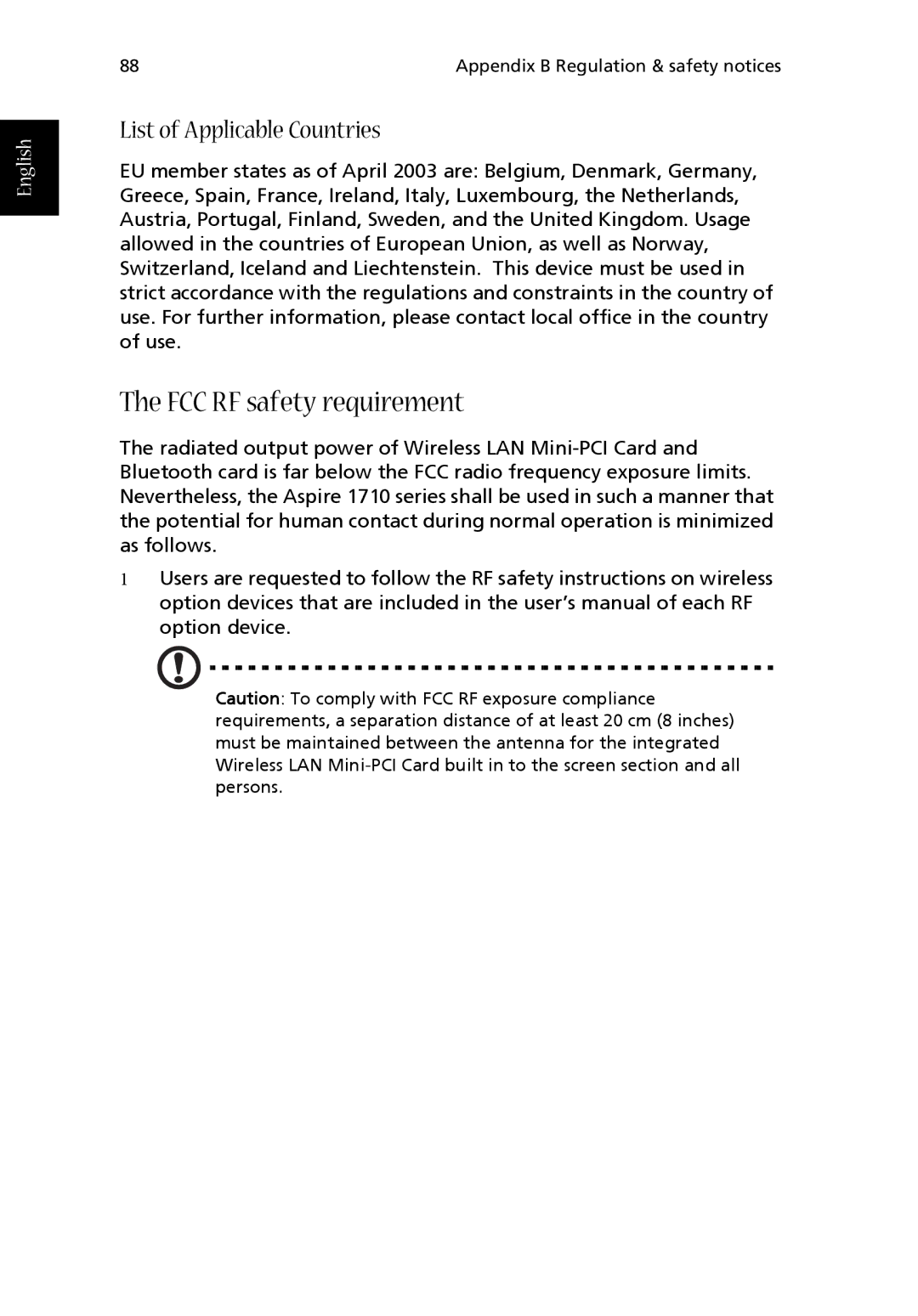 Acer 1710 Series manual FCC RF safety requirement, List of Applicable Countries 