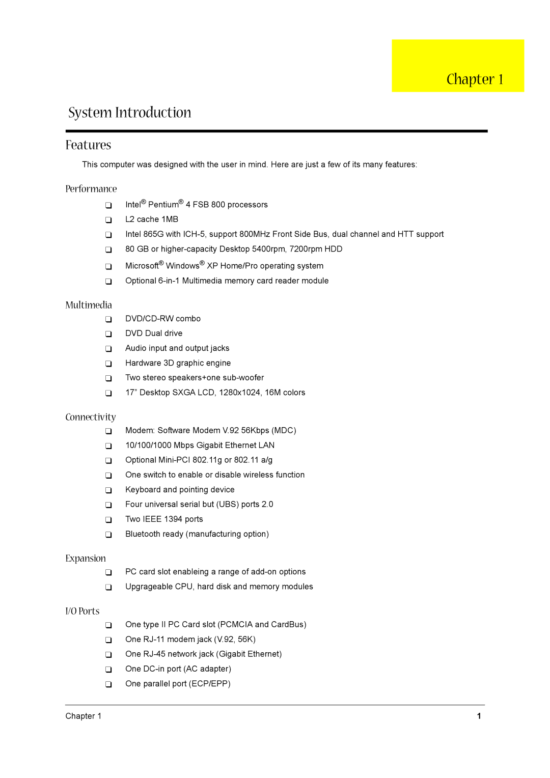 Acer 1710 manual Chapter System Introduction, Features 