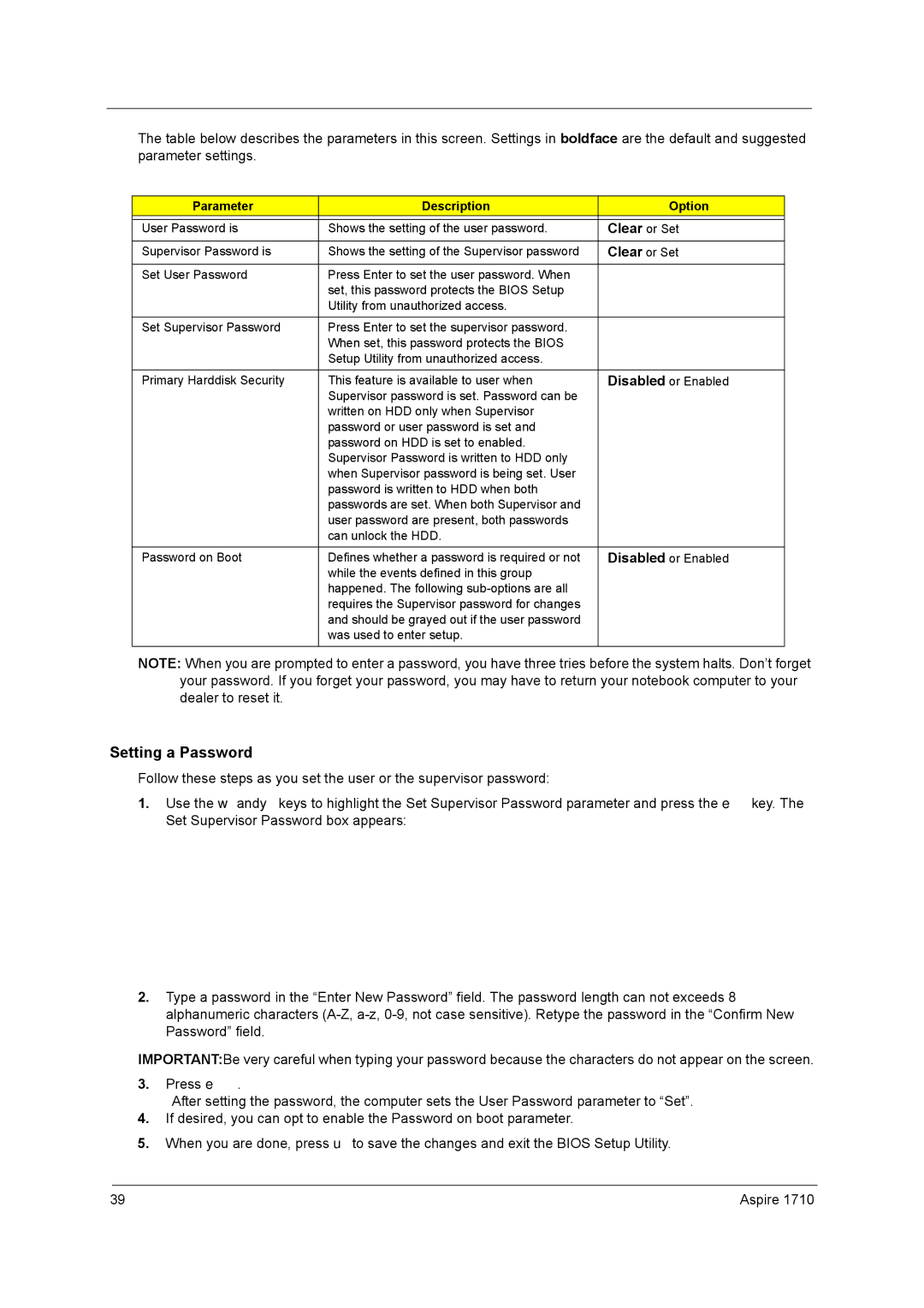 Acer 1710 manual Clear or Set, Parameter Description Option 