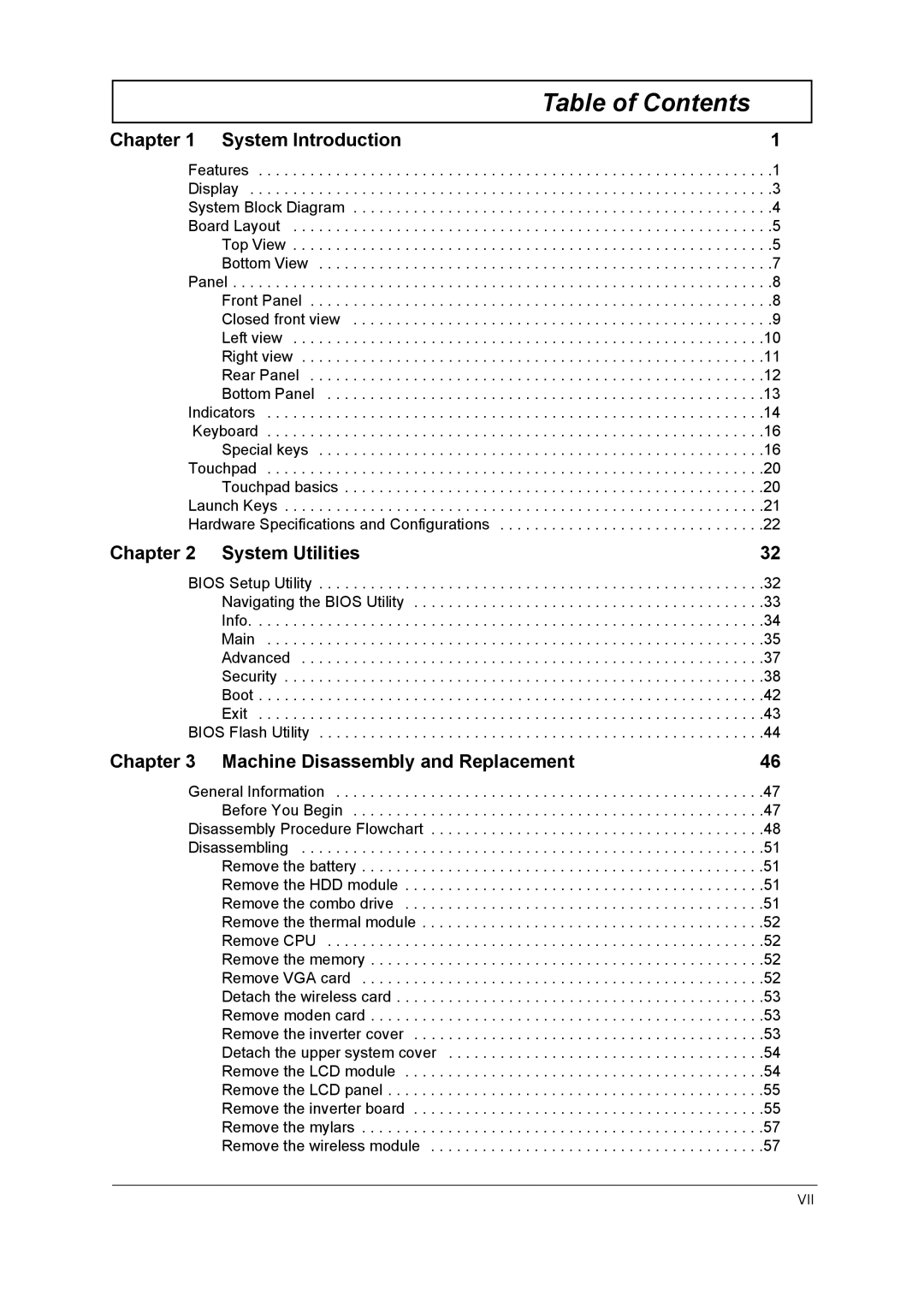 Acer 1710 manual Table of Contents 