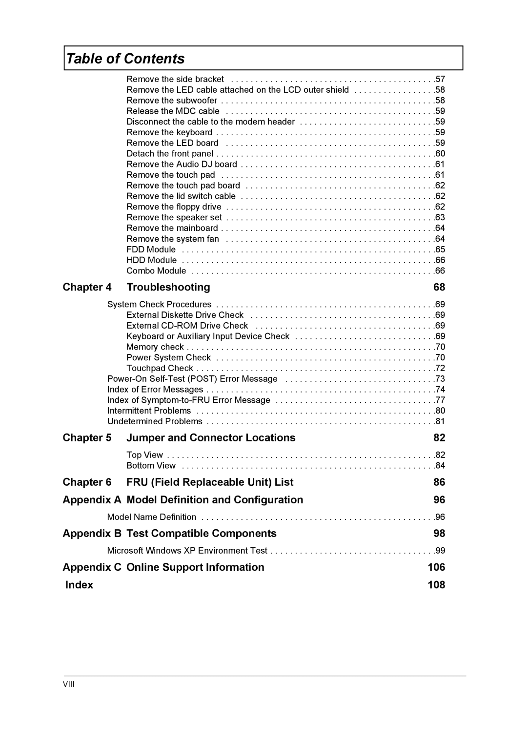 Acer 1710 manual Jumper and Connector Locations 