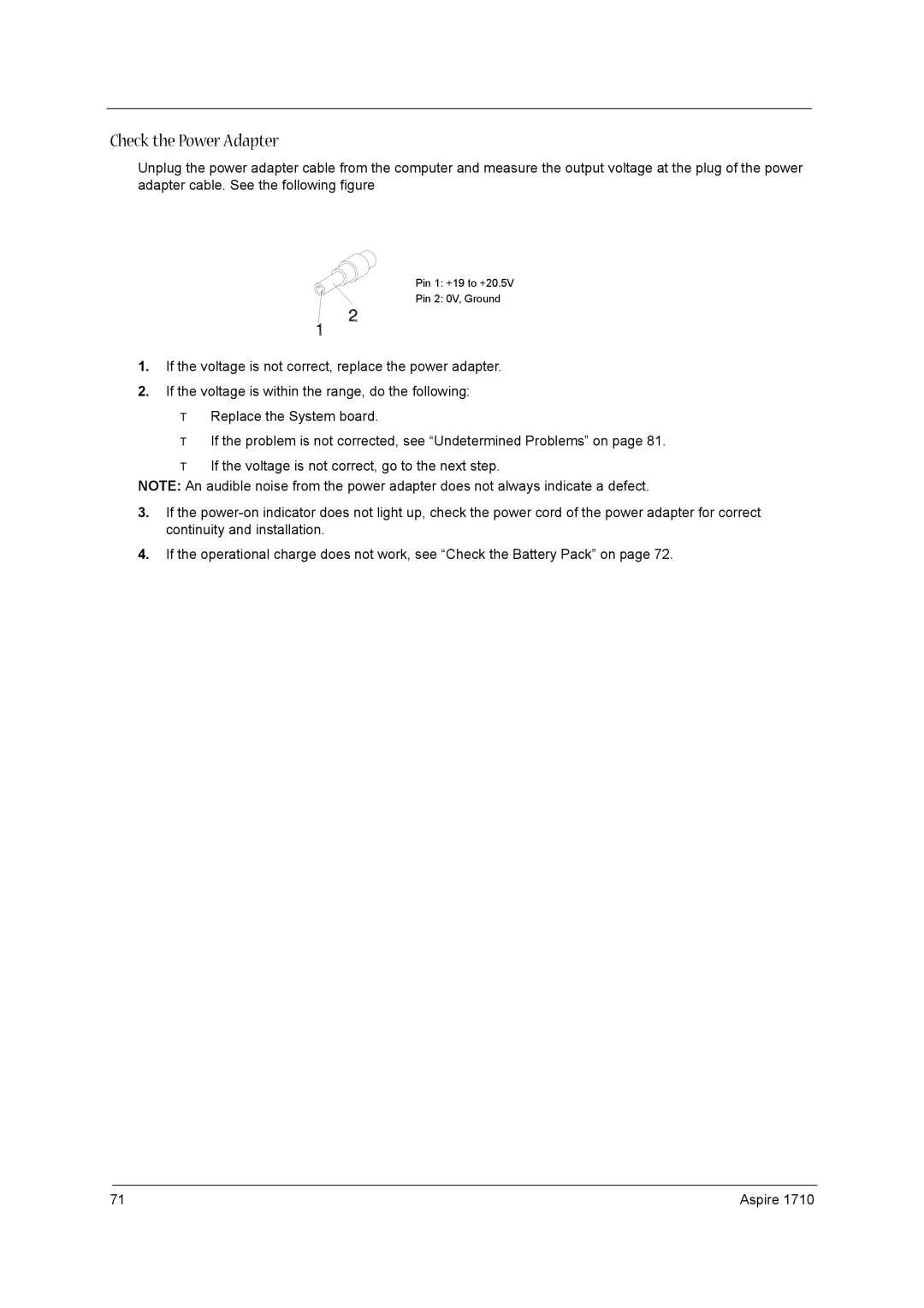 Acer 1710 manual Check the Power Adapter 