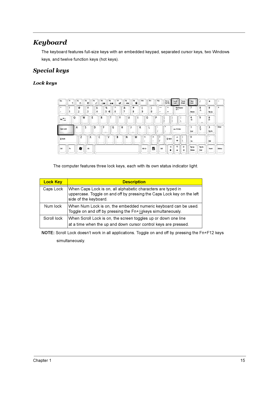 Acer 1800 manual Keyboard, Special keys, Lock keys, Lock Key Description 