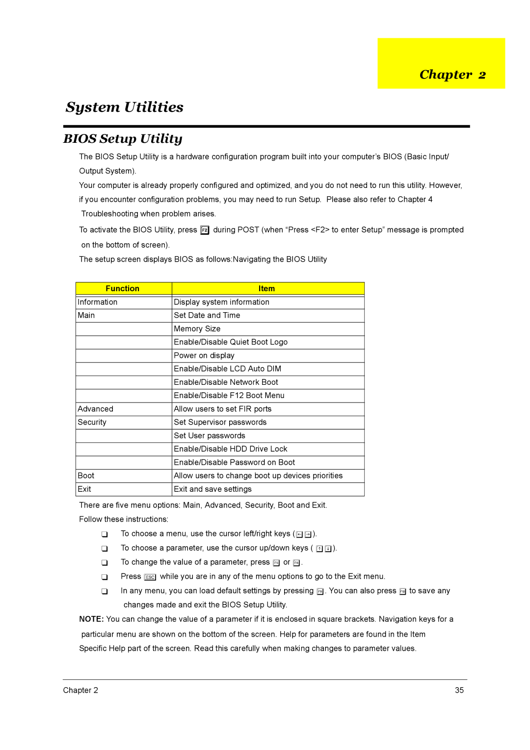 Acer 1800 manual System Utilities, Bios Setup Utility 