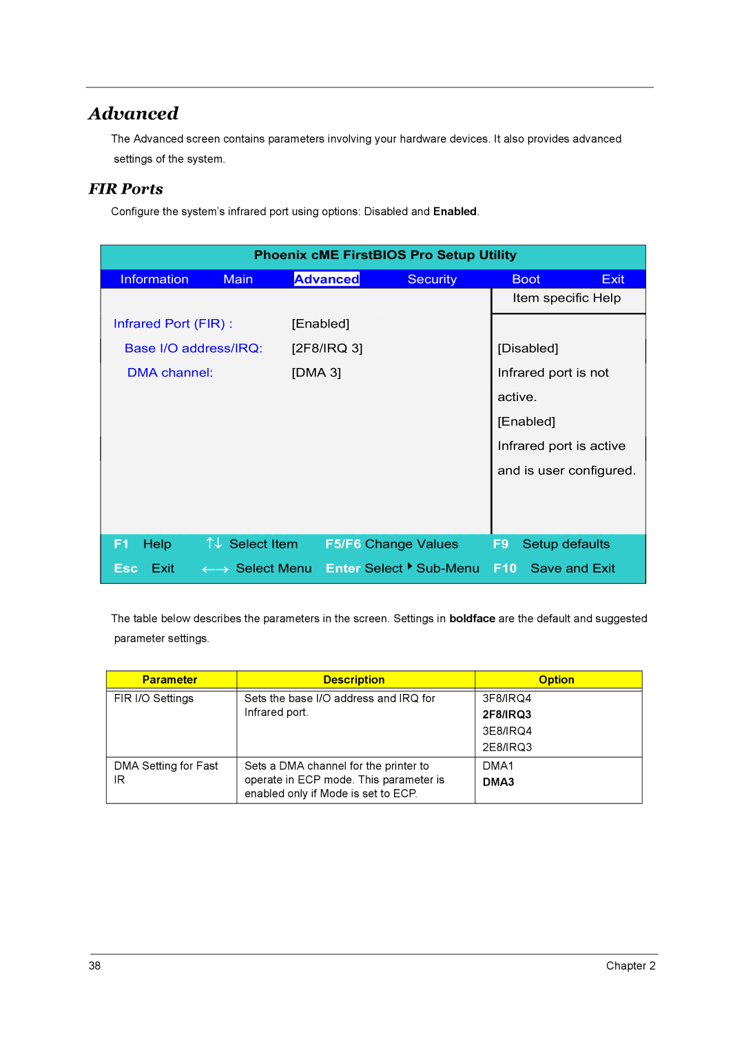 Acer 1800 manual Advanced, FIR Ports, Parameter Description Option, 2F8/IRQ3, DMA1 