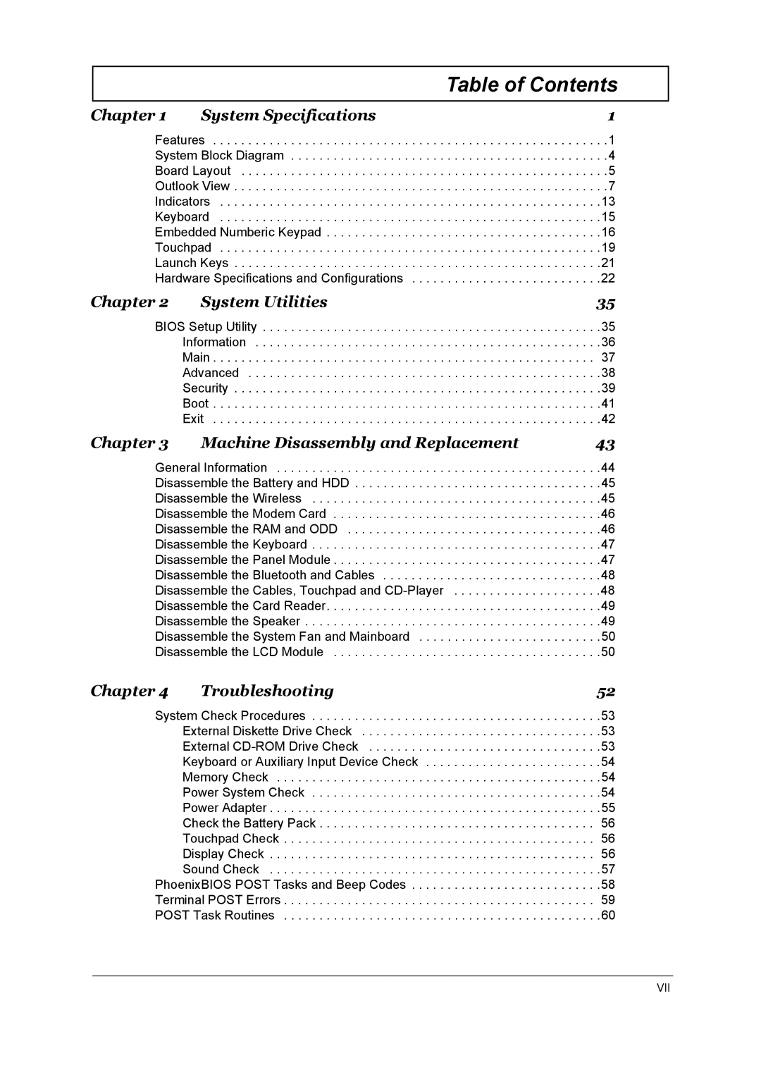 Acer 1800 manual Table of Contents 