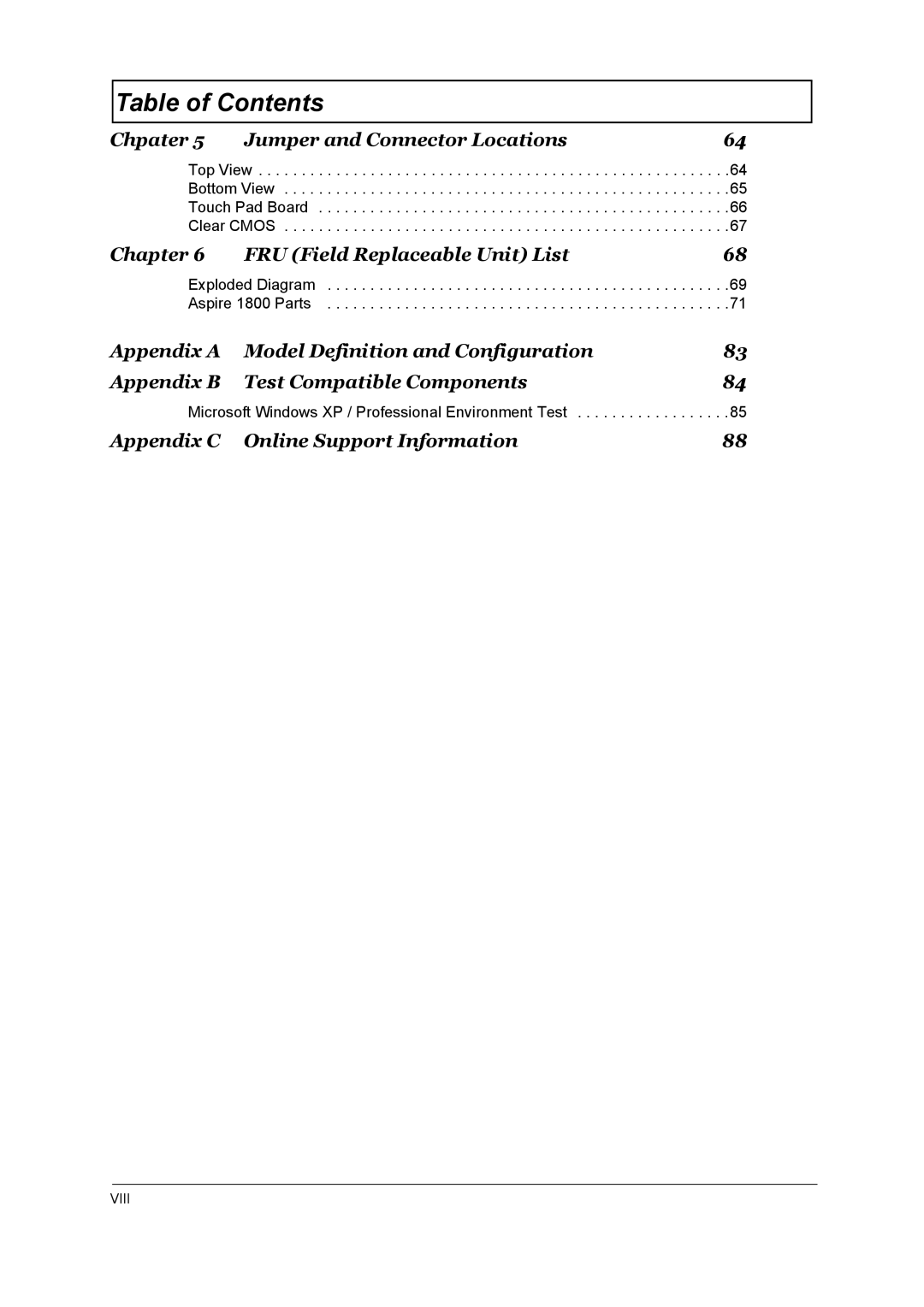 Acer 1800 manual Chpater Jumper and Connector Locations, Chapter FRU Field Replaceable Unit List, Viii 