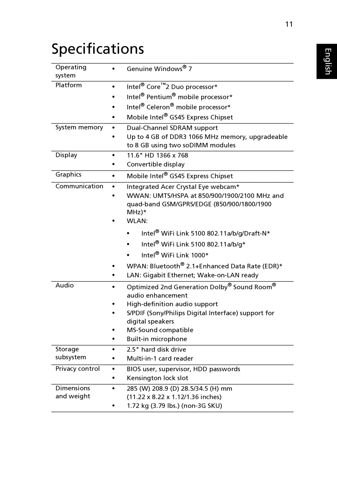 Acer 1420P, 1820PTZ manual Specifications, Wlan 