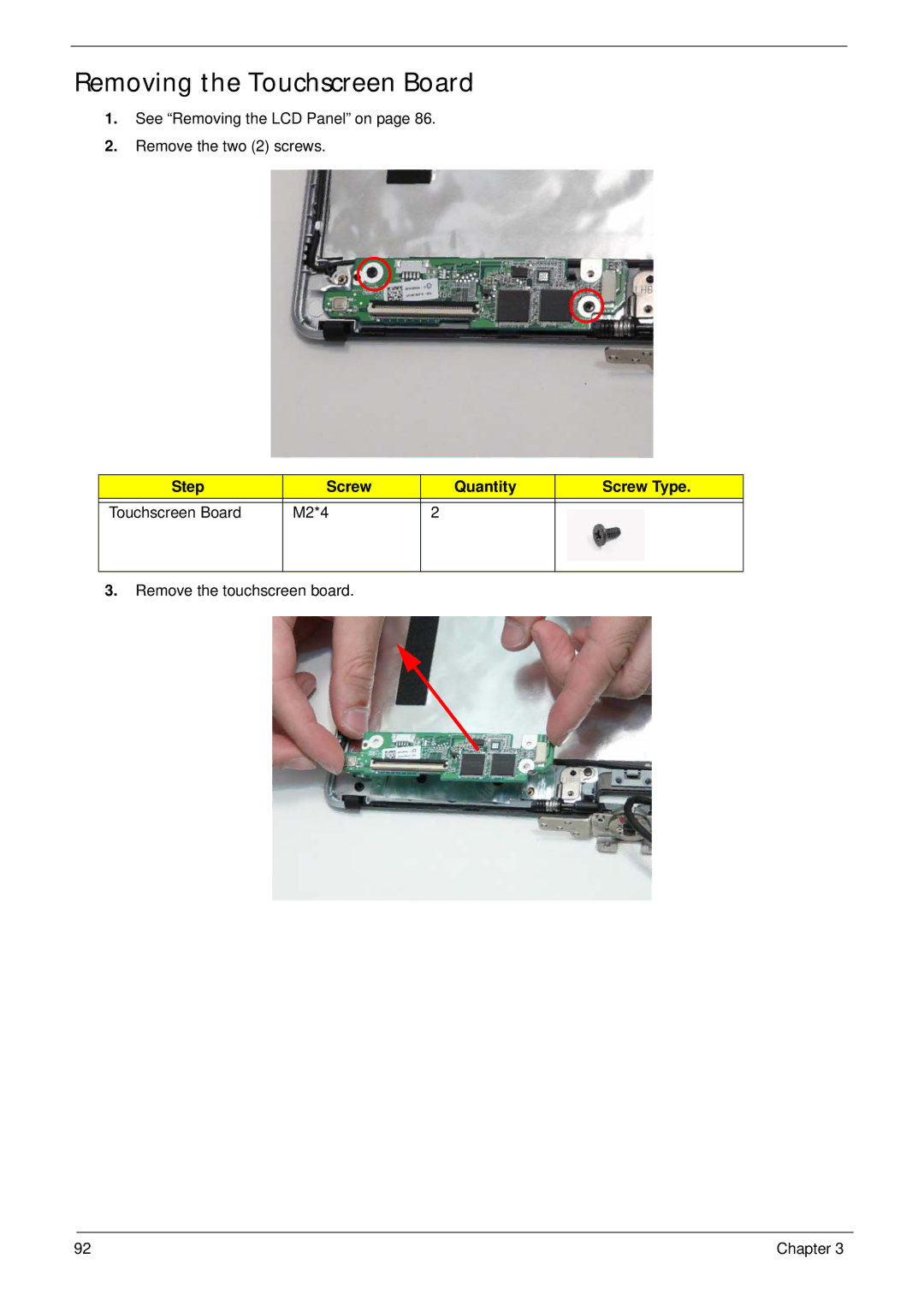 Acer 1820TP manual Removing the Touchscreen Board, Step Screw Quantity Screw Type Touchscreen Board M2*4 