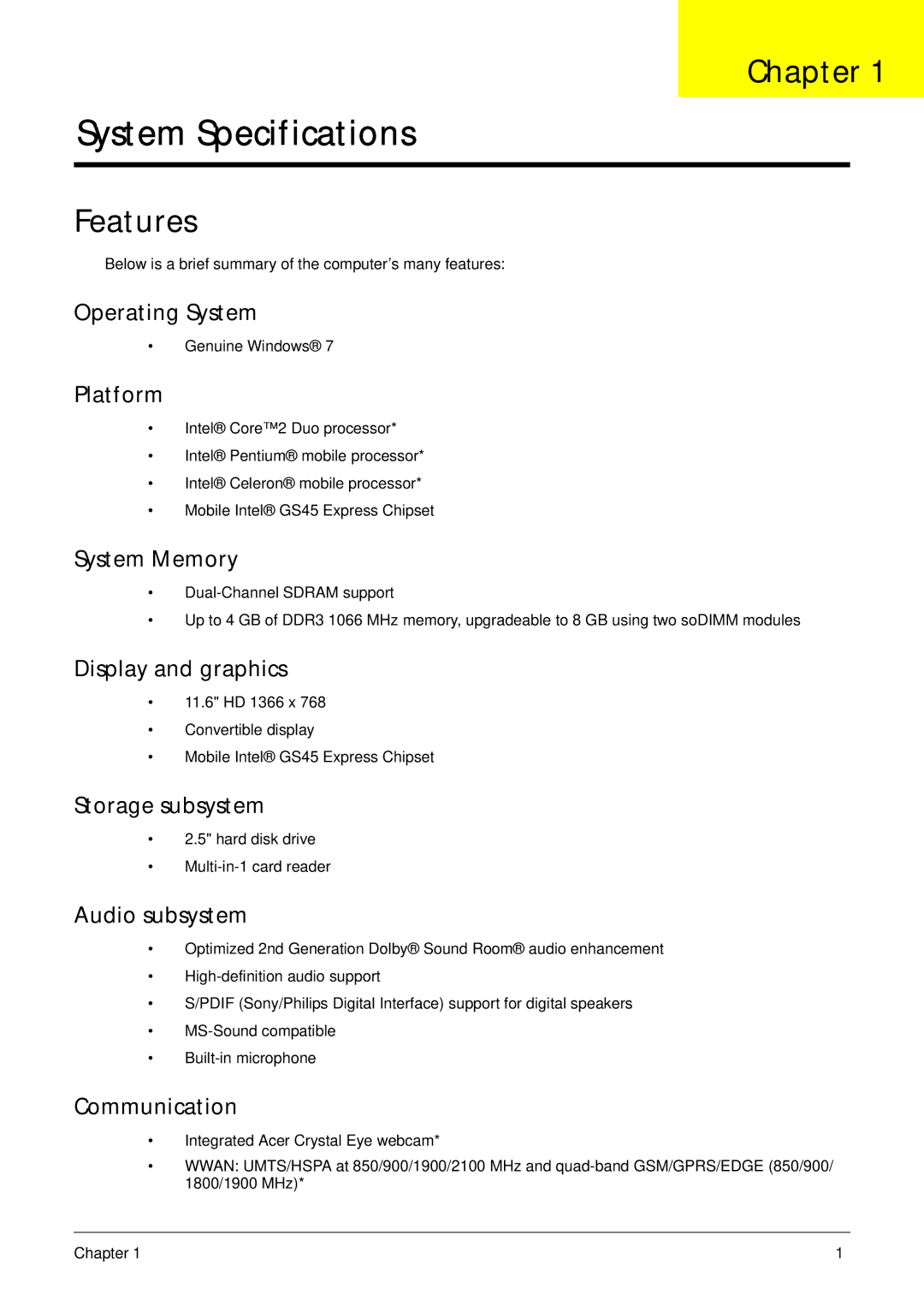 Acer 1820TP manual Chapter, Features 