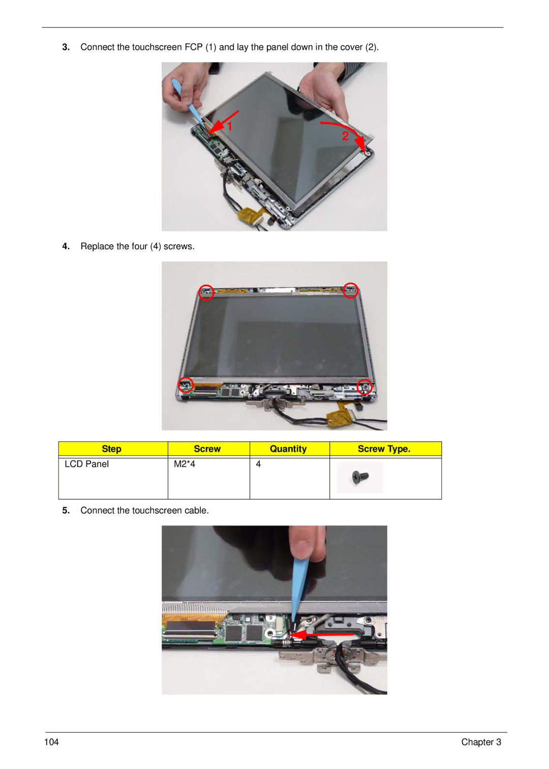 Acer 1820TP manual Step Screw Quantity Screw Type LCD Panel M2*4 