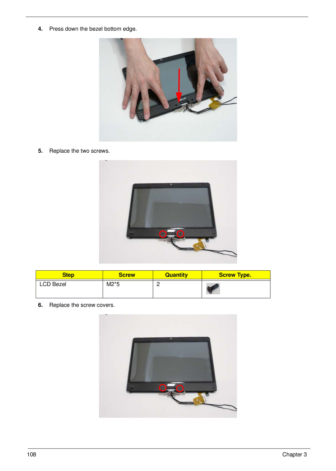 Acer 1820TP manual Press down the bezel bottom edge Replace the two screws 