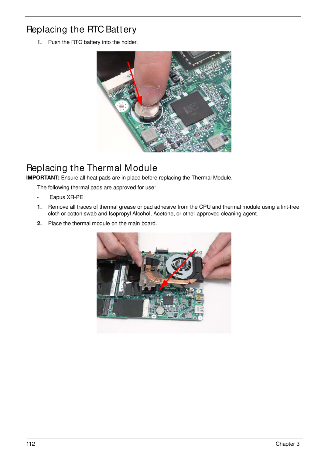 Acer 1820TP manual Replacing the RTC Battery, Replacing the Thermal Module 