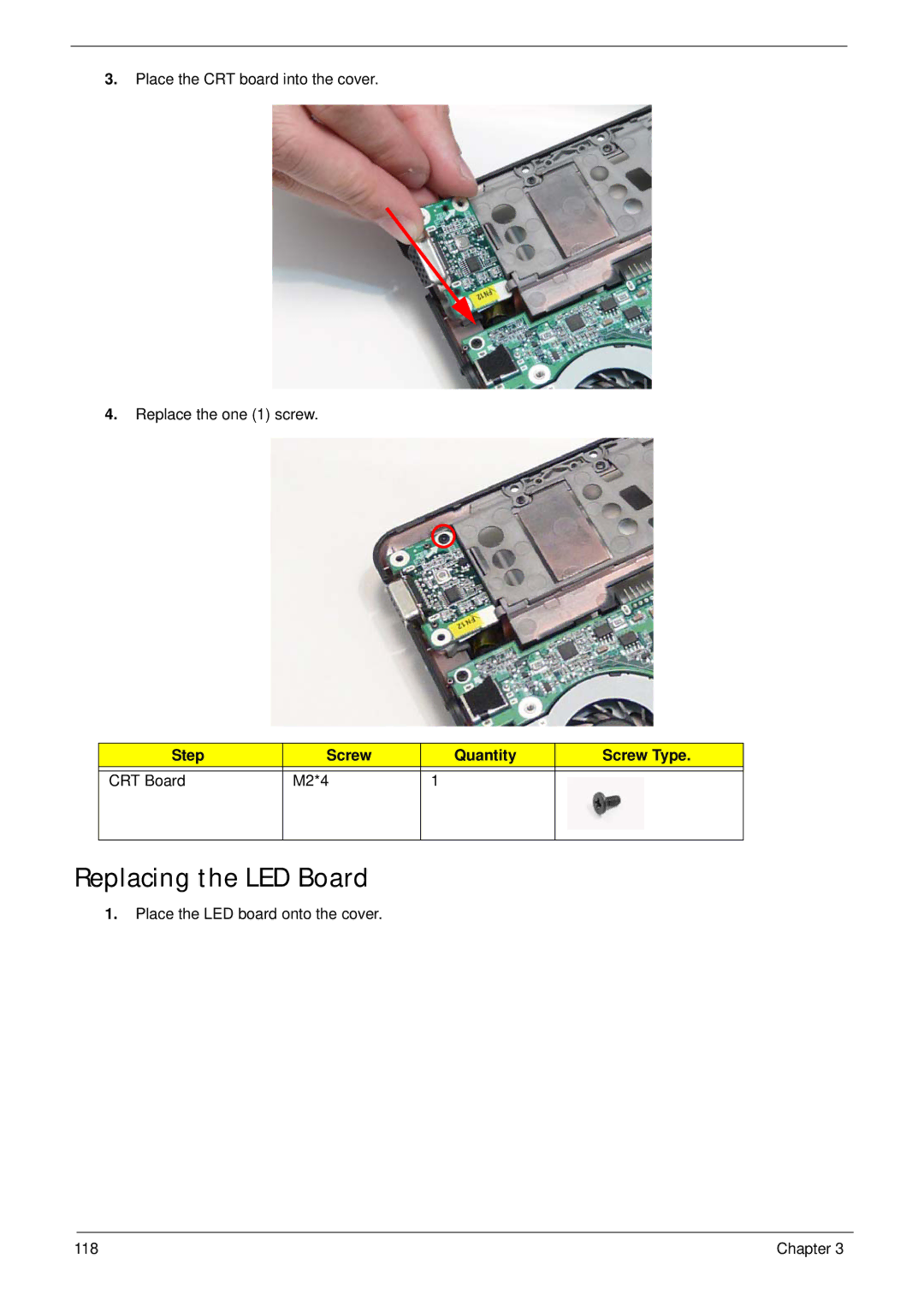 Acer 1820TP manual Replacing the LED Board, Step Screw Quantity Screw Type CRT Board M2*4 