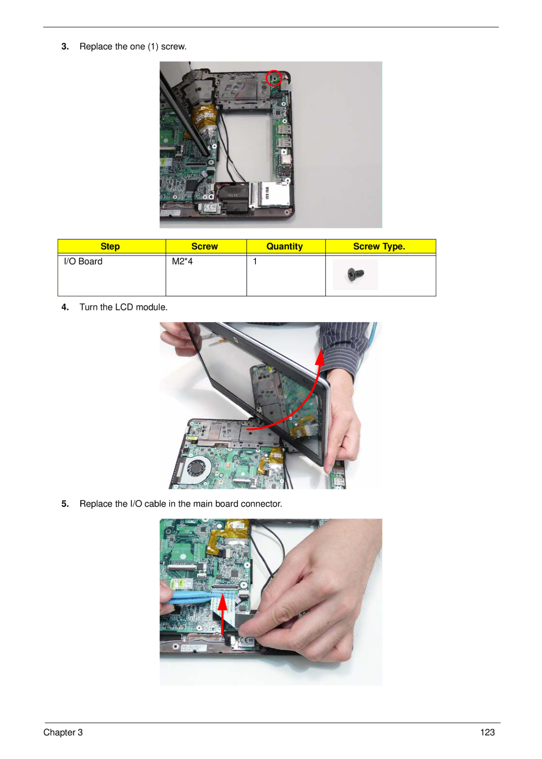 Acer 1820TP manual Step Screw Quantity Screw Type Board M2*4 