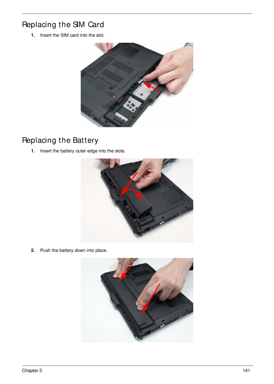 Acer 1820TP manual Replacing the SIM Card, Replacing the Battery 