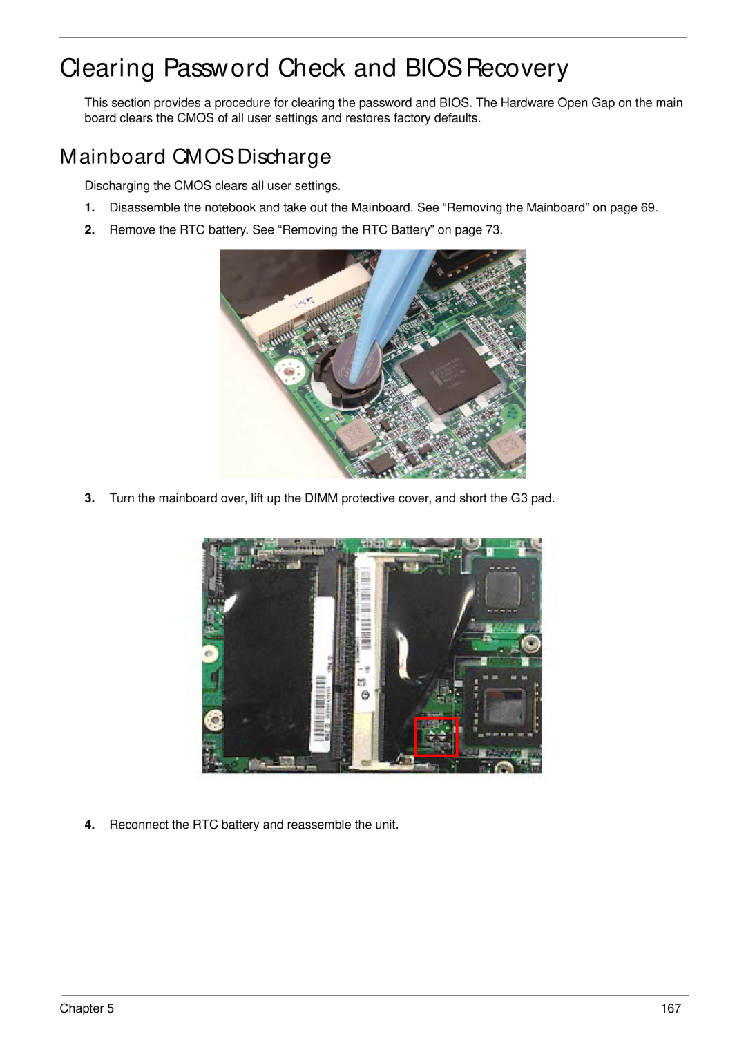 Acer 1820TP manual Clearing Password Check and Bios Recovery, Mainboard Cmos Discharge 