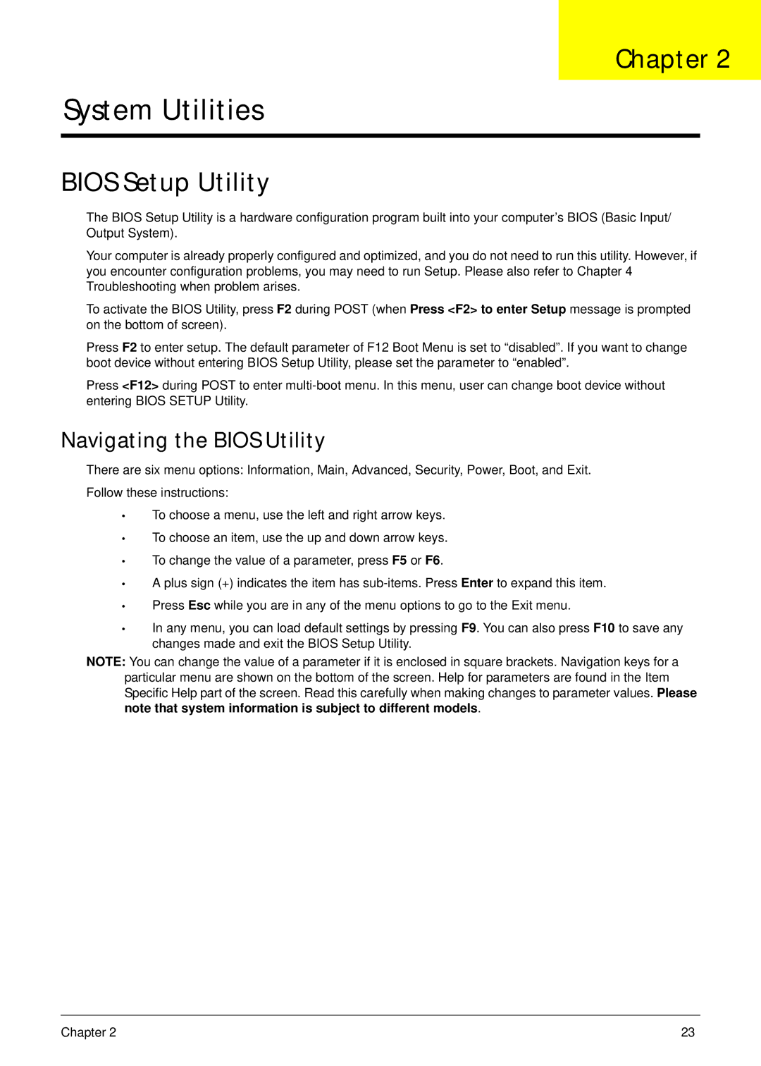 Acer 1820TP manual Bios Setup Utility, Navigating the Bios Utility 