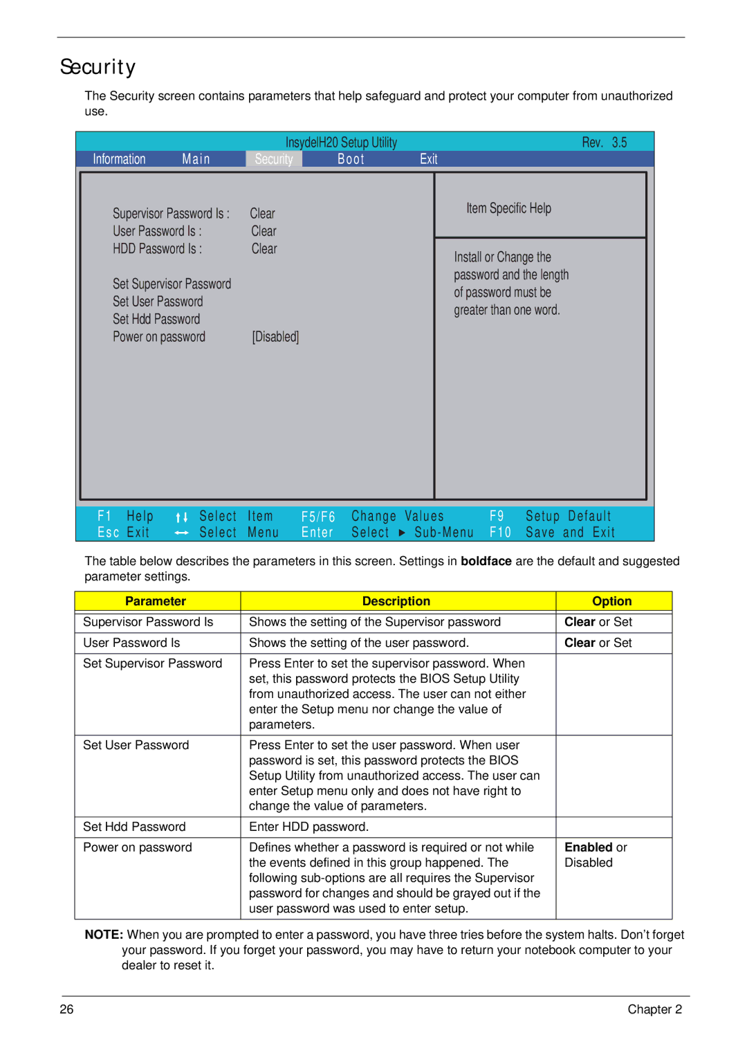 Acer 1820TP manual Security, Parameter Description Option, Clear or Set, Enabled or 