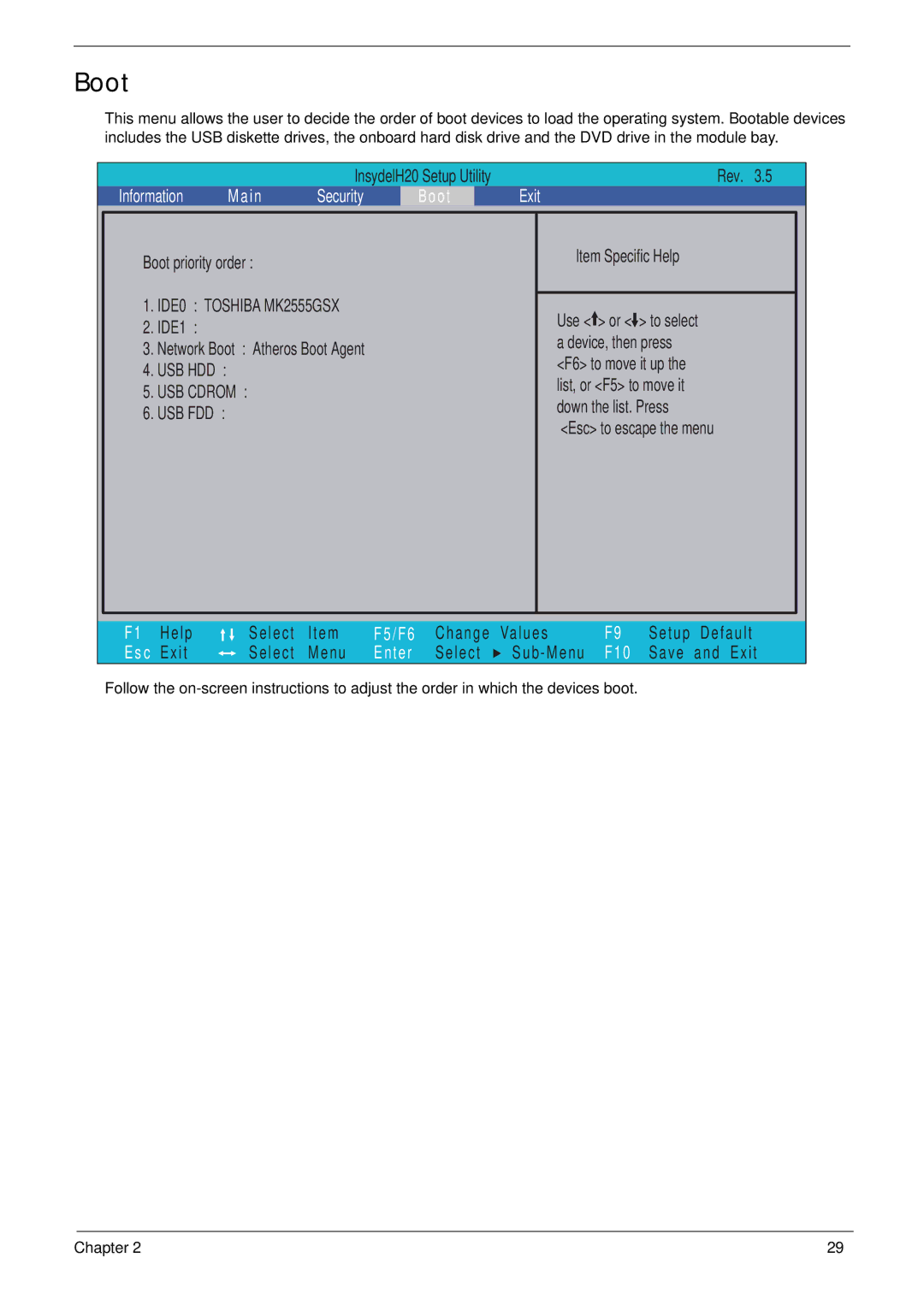 Acer 1820TP manual Boot, USB Cdrom 