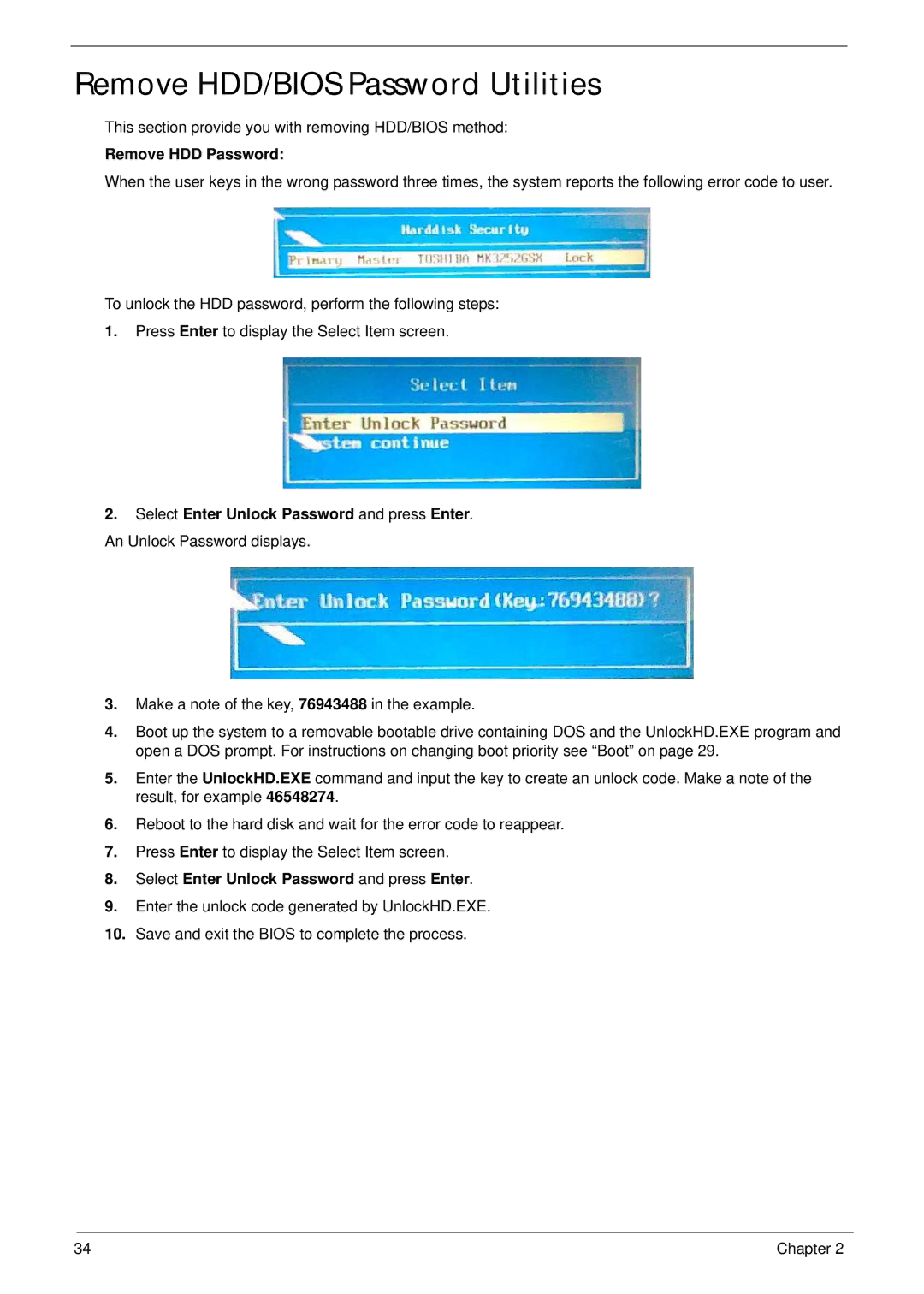 Acer 1820TP manual Remove HDD/BIOS Password Utilities, Remove HDD Password, Select Enter Unlock Password and press Enter 