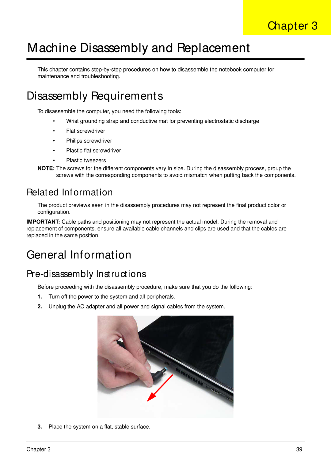 Acer 1820TP manual Disassembly Requirements, General Information, Related Information, Pre-disassembly Instructions 