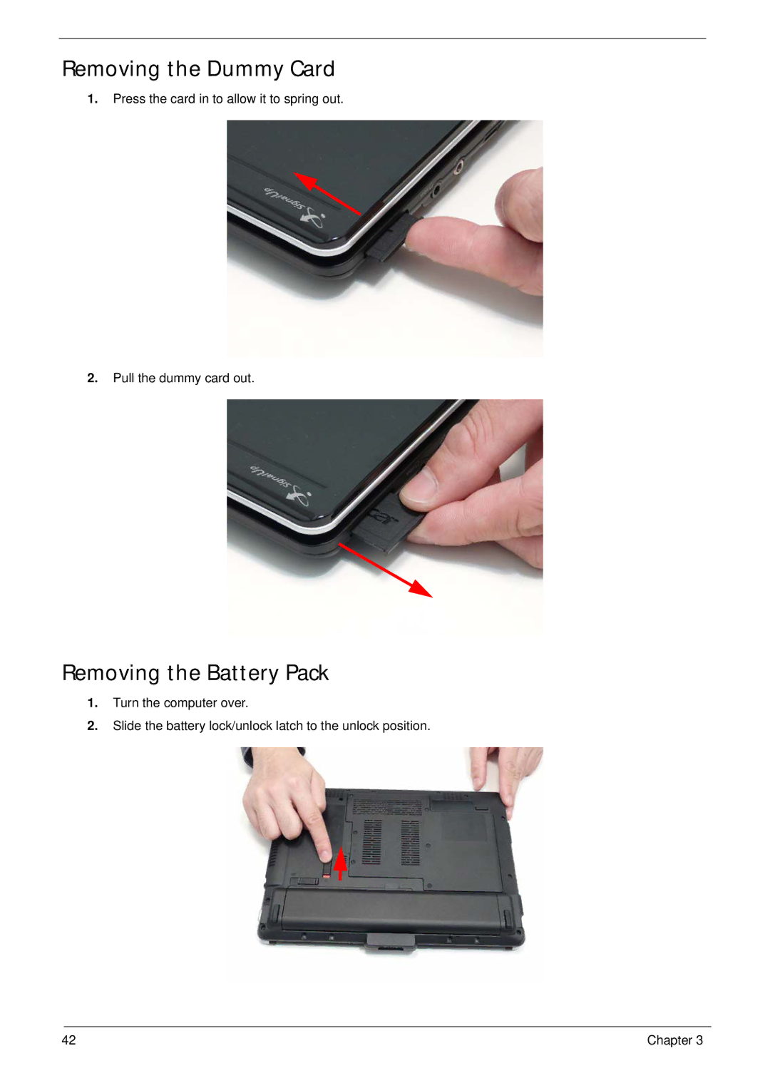 Acer 1820TP manual Removing the Dummy Card, Removing the Battery Pack 