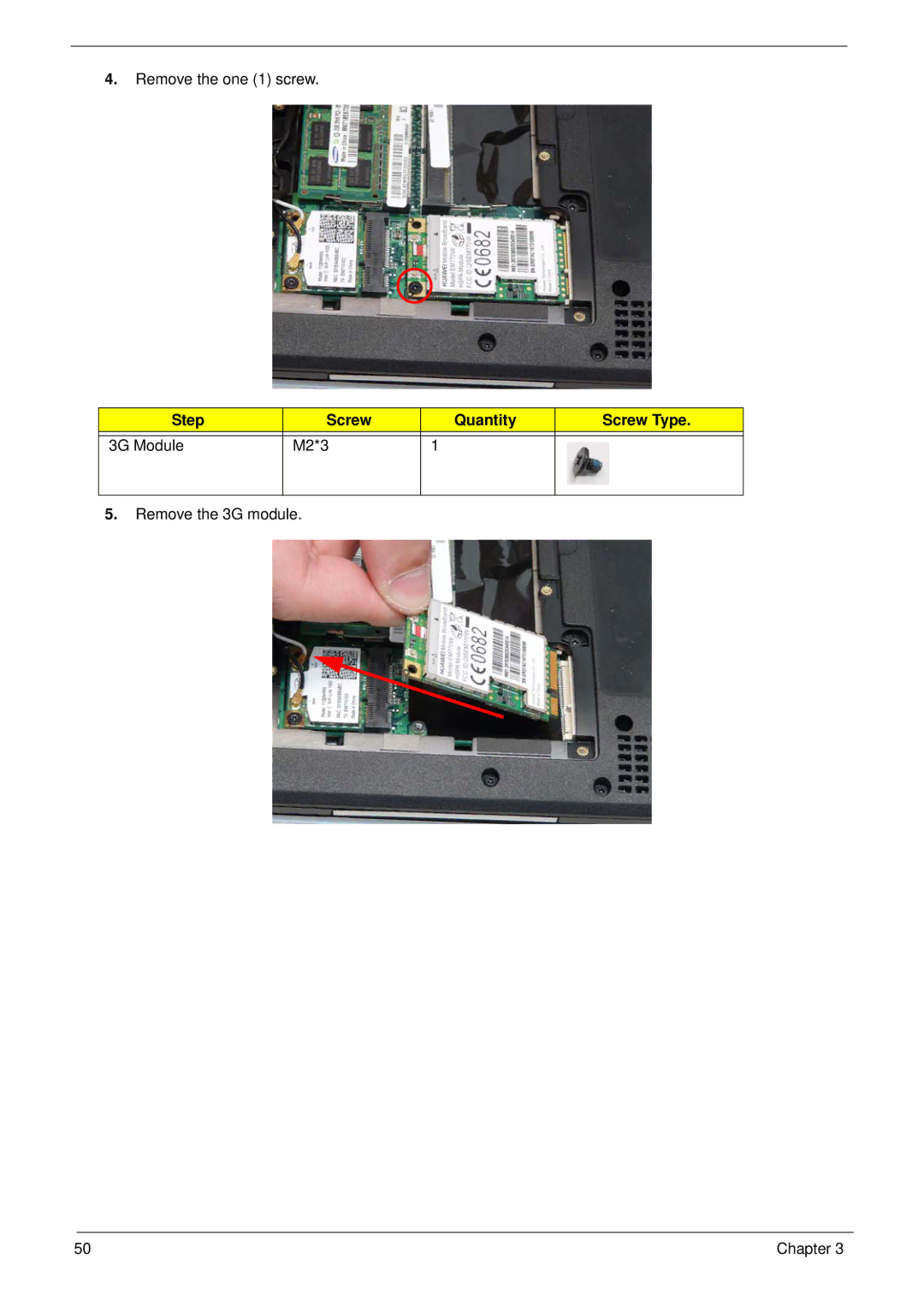 Acer 1820TP manual Step Screw Quantity Screw Type 3G Module M2*3 