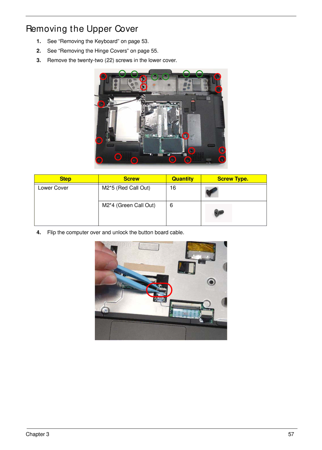 Acer 1820TP manual Removing the Upper Cover, Step Screw Quantity Screw Type 