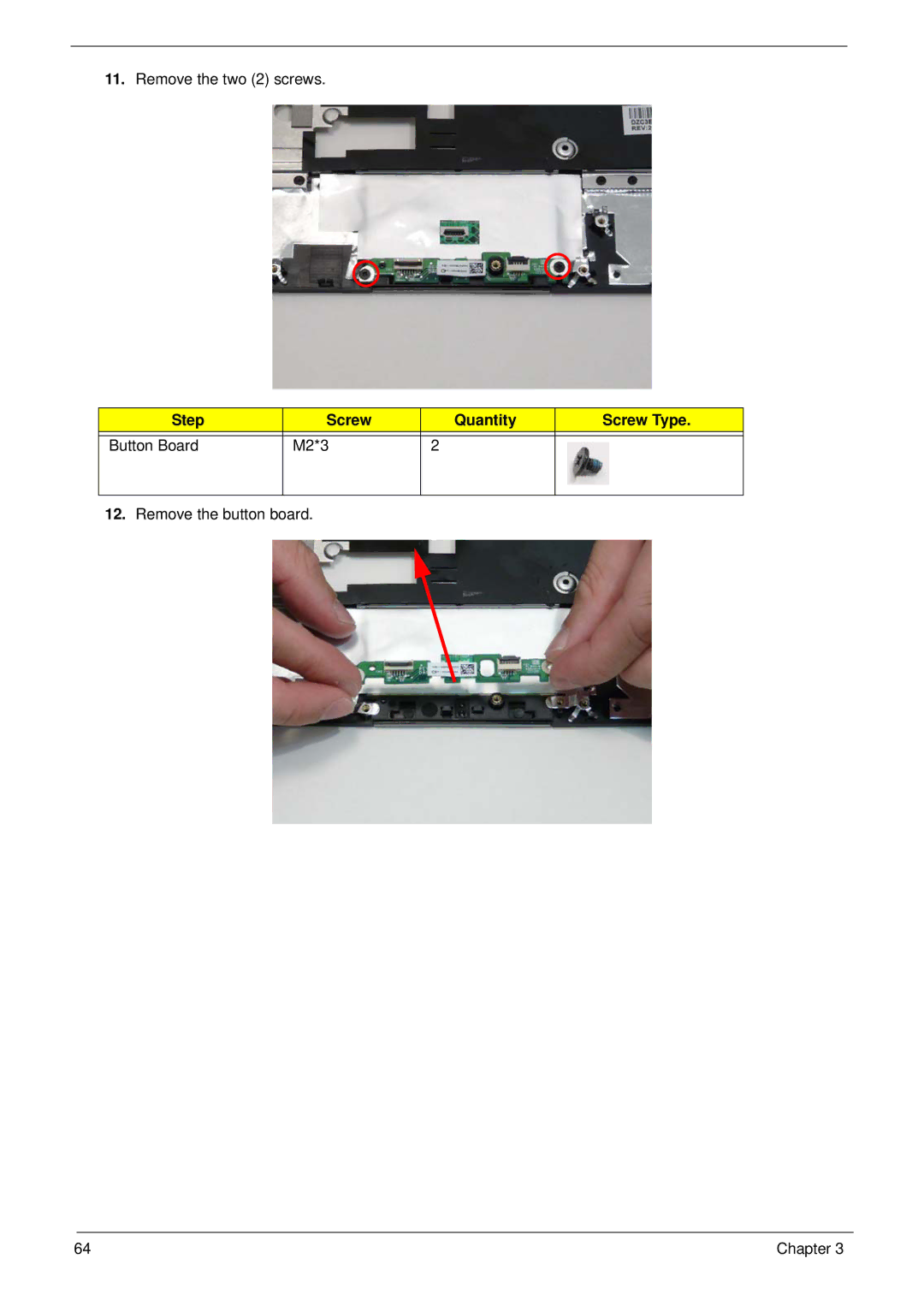 Acer 1820TP manual Step Screw Quantity Screw Type Button Board M2*3 