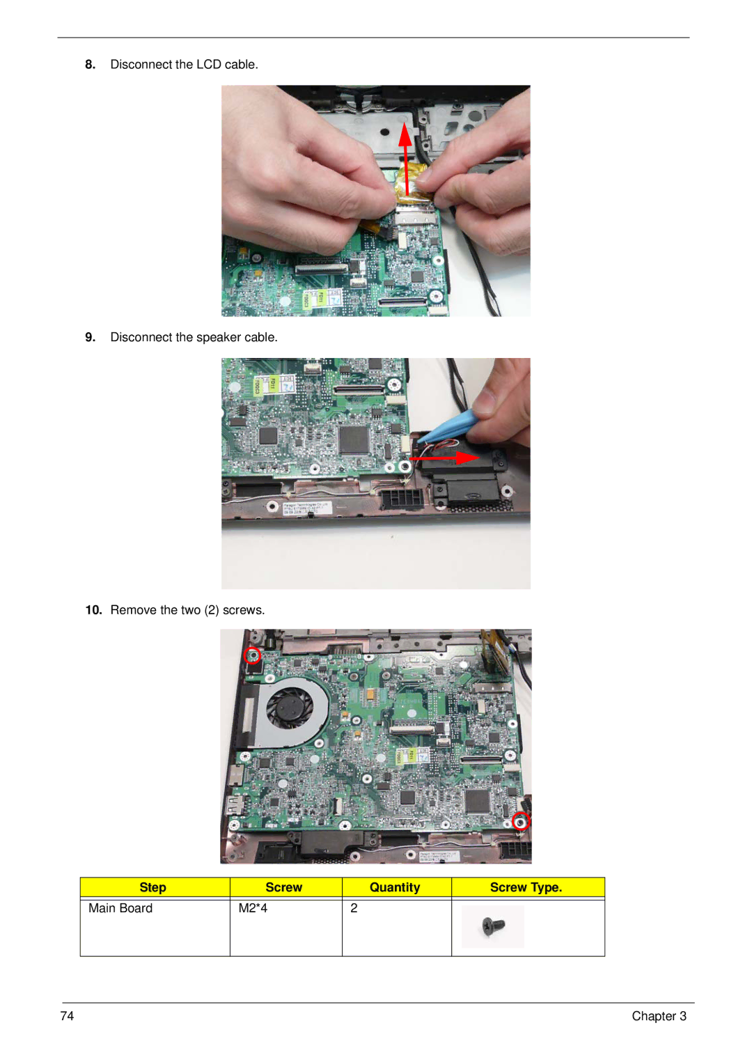 Acer 1820TP manual Step Screw Quantity Screw Type Main Board M2*4 