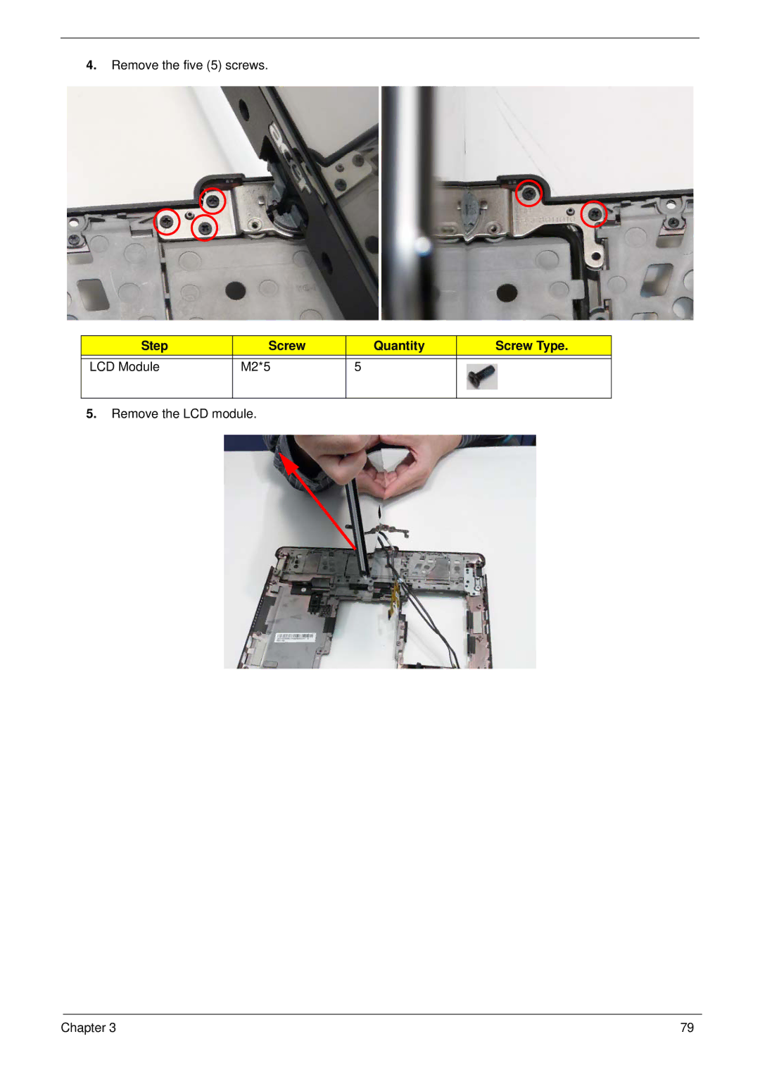 Acer 1820TP manual Step Screw Quantity Screw Type LCD Module M2*5 