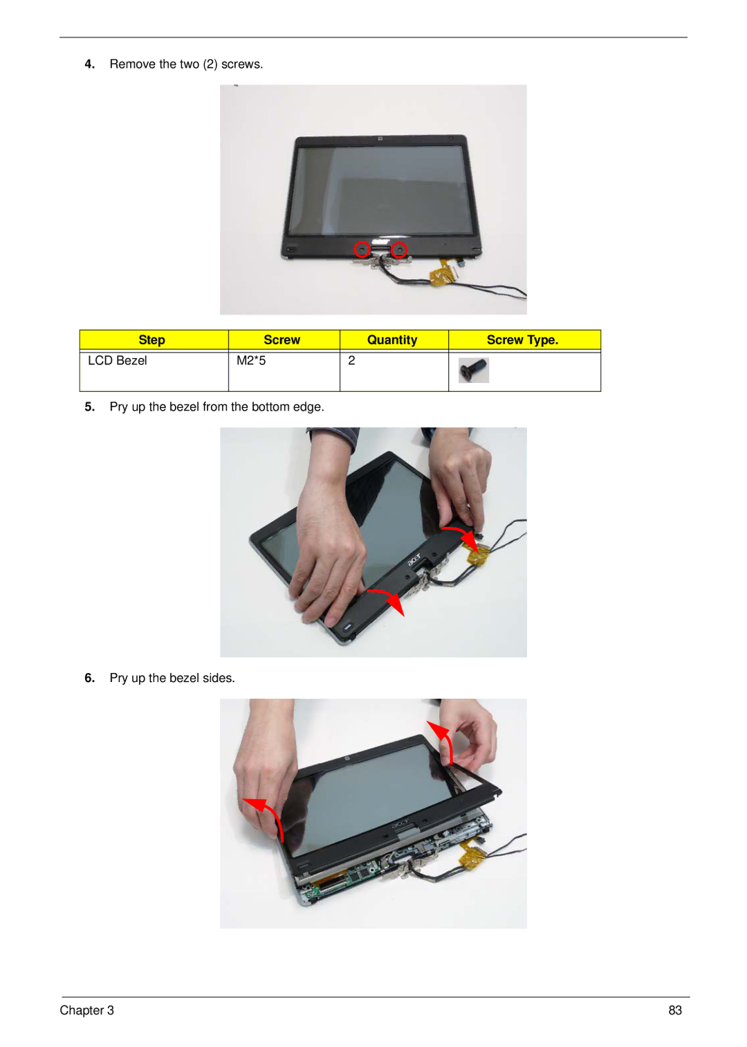 Acer 1820TP manual Step Screw Quantity Screw Type LCD Bezel M2*5 