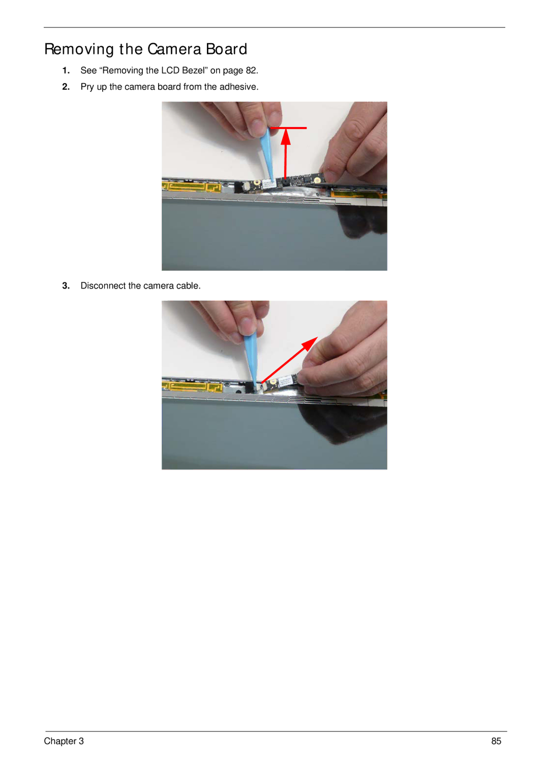 Acer 1820TP manual Removing the Camera Board 