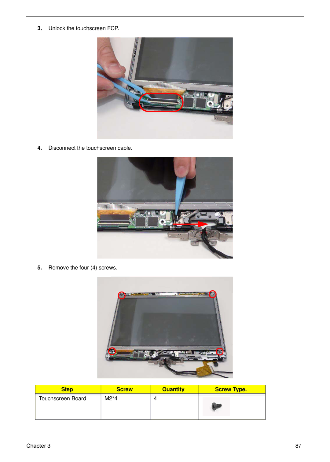 Acer 1820TP manual Step Screw Quantity Screw Type Touchscreen Board M2*4 