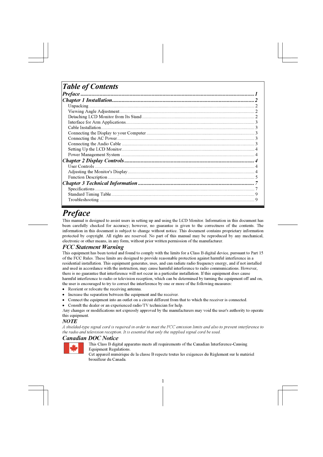 Acer 1911 specifications Preface, Table of Contents 