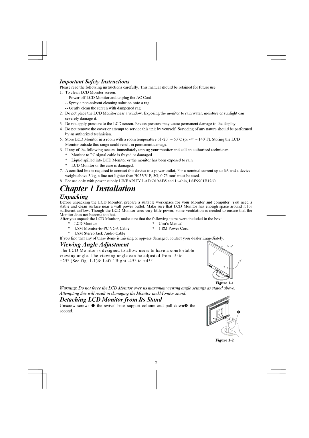 Acer 1911 specifications Installation, Unpacking, Viewing Angle Adjustment, Detaching LCD Monitor from Its Stand 