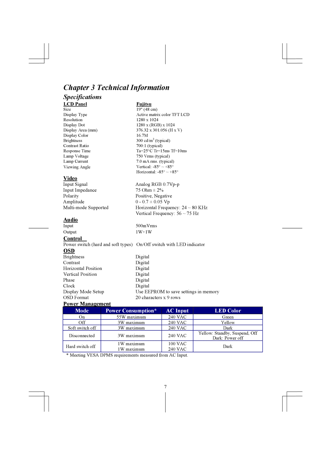 Acer 1911 specifications Specifications, Video, Audio, Control, Power Management 