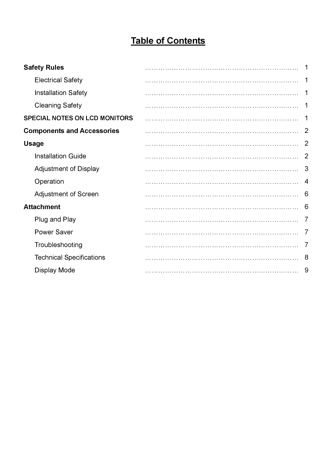 Acer ET.L5209.005, 1916W technical specifications Table of Contents 