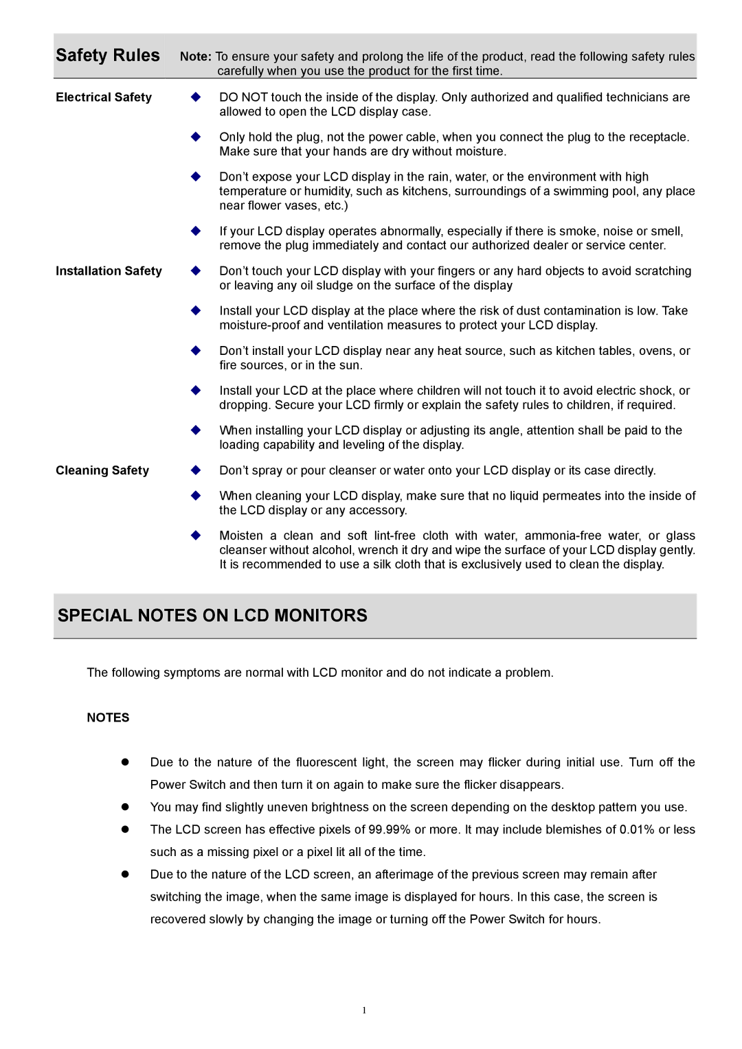 Acer 1916W, ET.L5209.005 technical specifications Electrical Safety, Installation Safety, Cleaning Safety 