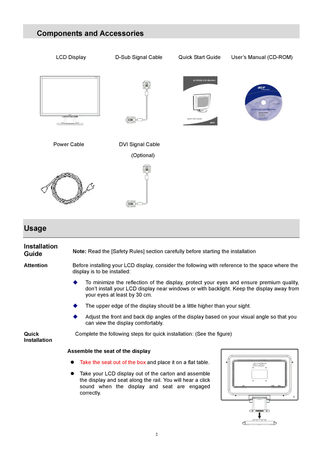 Acer ET.L5209.005, 1916W technical specifications Components and Accessories, Usage, Installation Guide, Quick Installation 