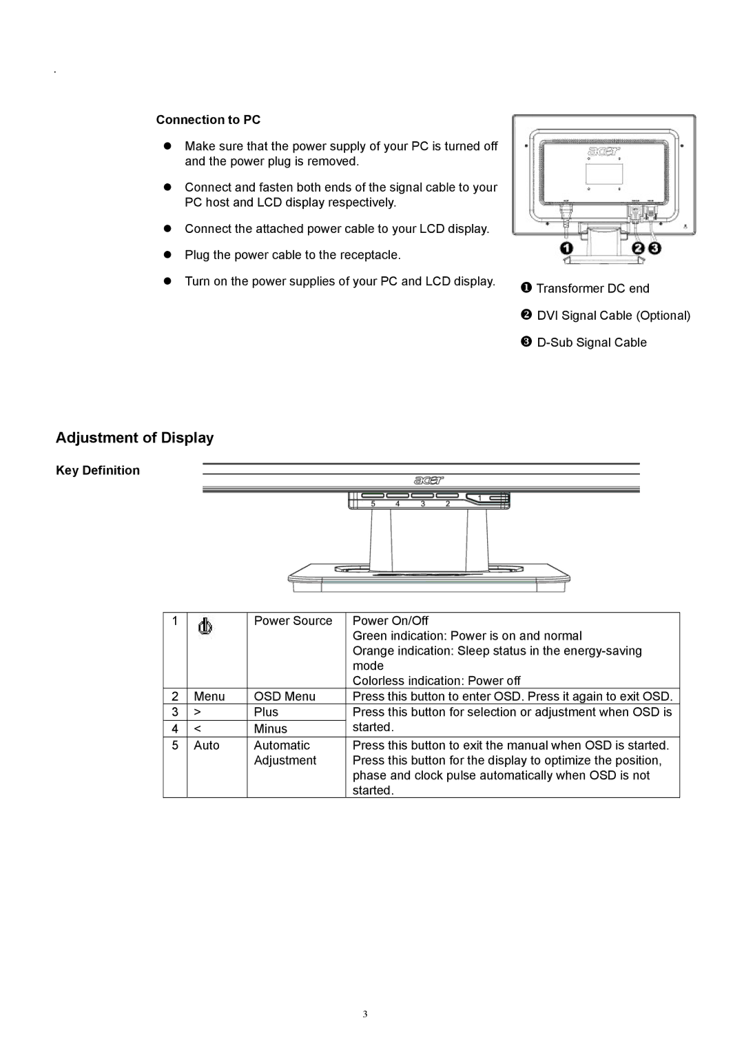 Acer 1916W, ET.L5209.005 technical specifications Adjustment of Display, Connection to PC, Key Definition 