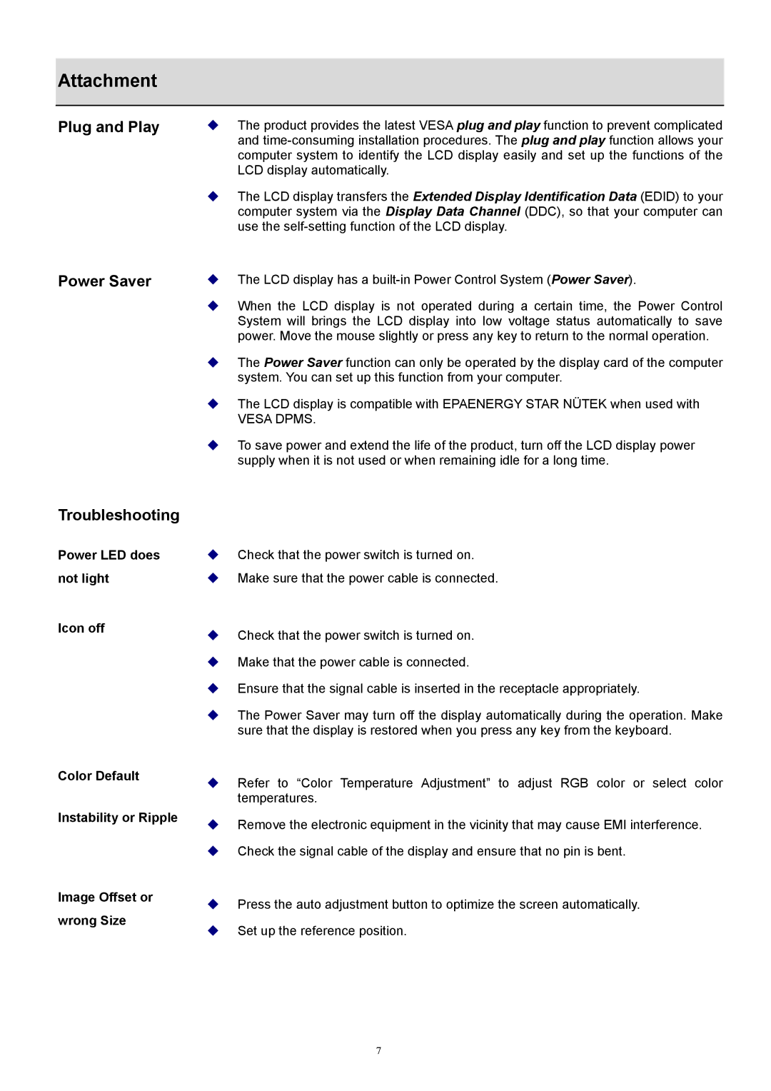 Acer 1916W, ET.L5209.005 technical specifications Attachment, Plug and Play, Power Saver, Troubleshooting 