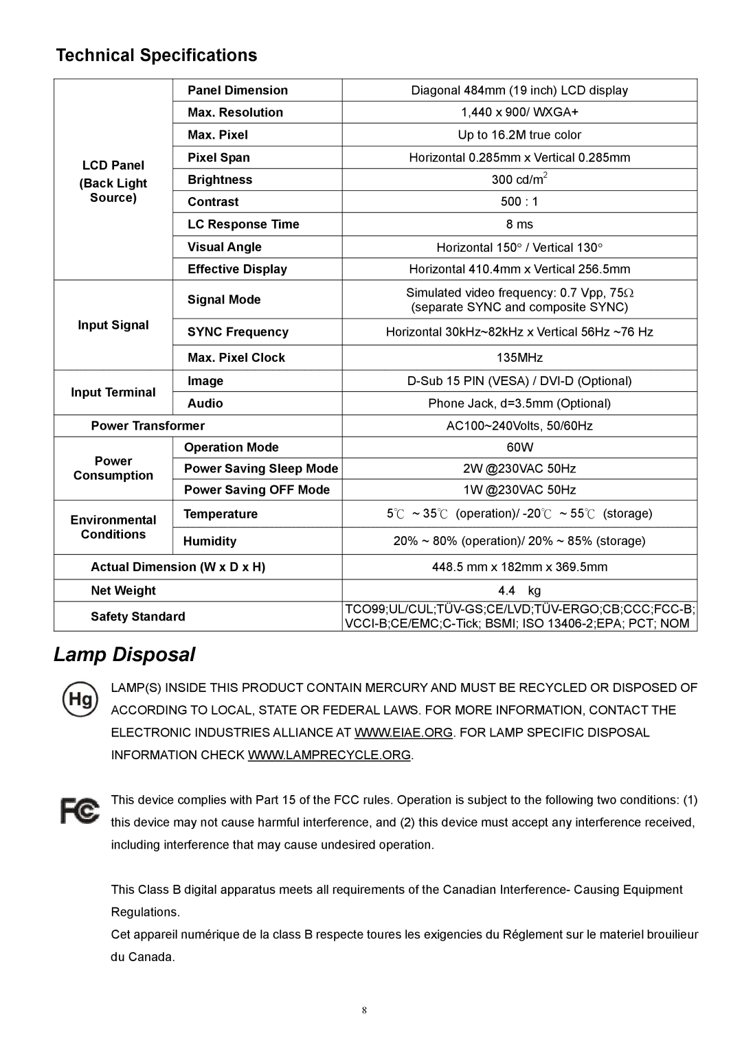 Acer ET.L5209.005, 1916W technical specifications Technical Specifications 