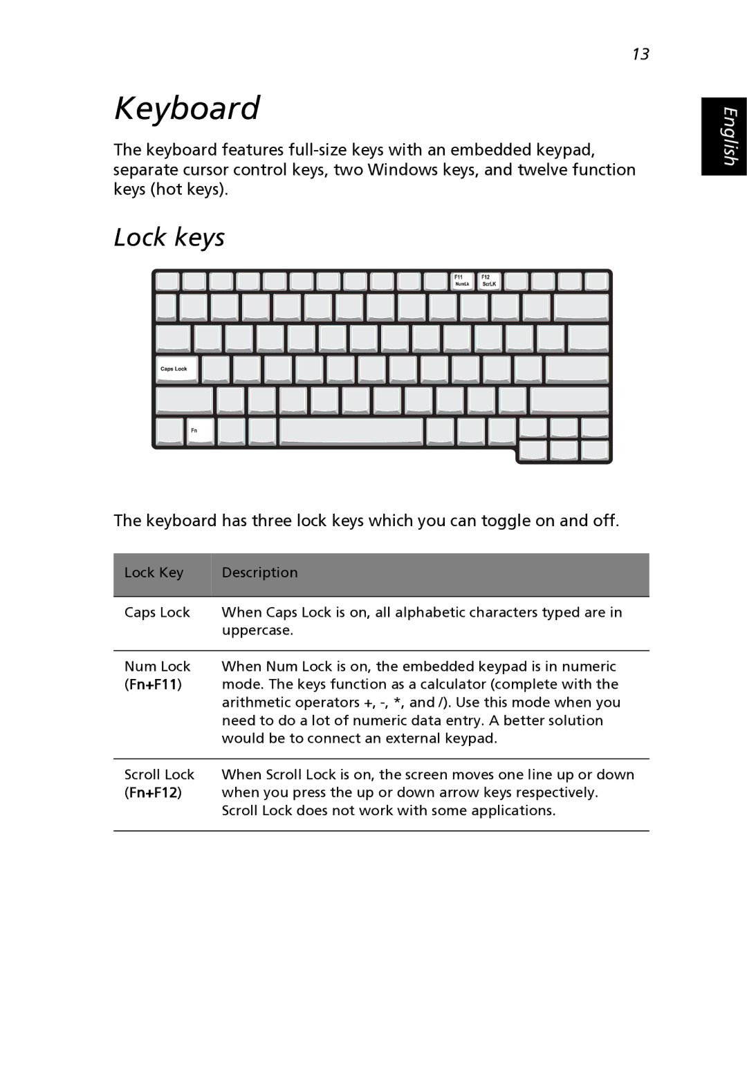 Acer 2500 Series, 2000 Series manual Keyboard, Lock keys 