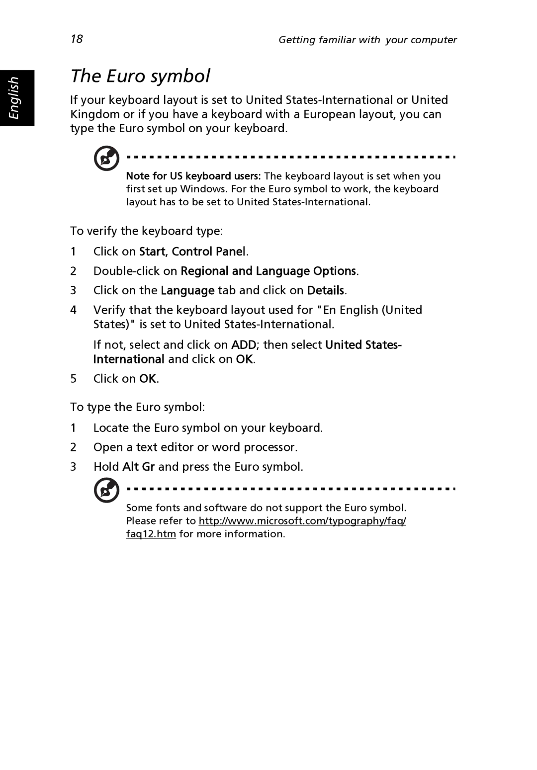 Acer 2000 Series, 2500 Series manual Euro symbol 