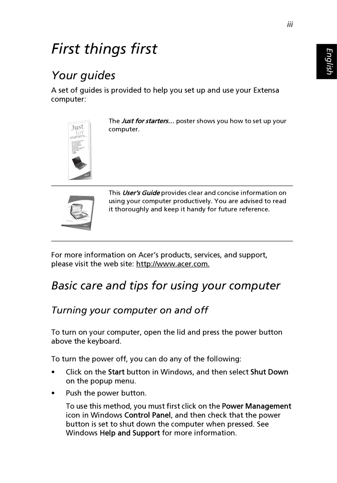 Acer 2500 Series, 2000 Series manual First things first, Your guides, Basic care and tips for using your computer 