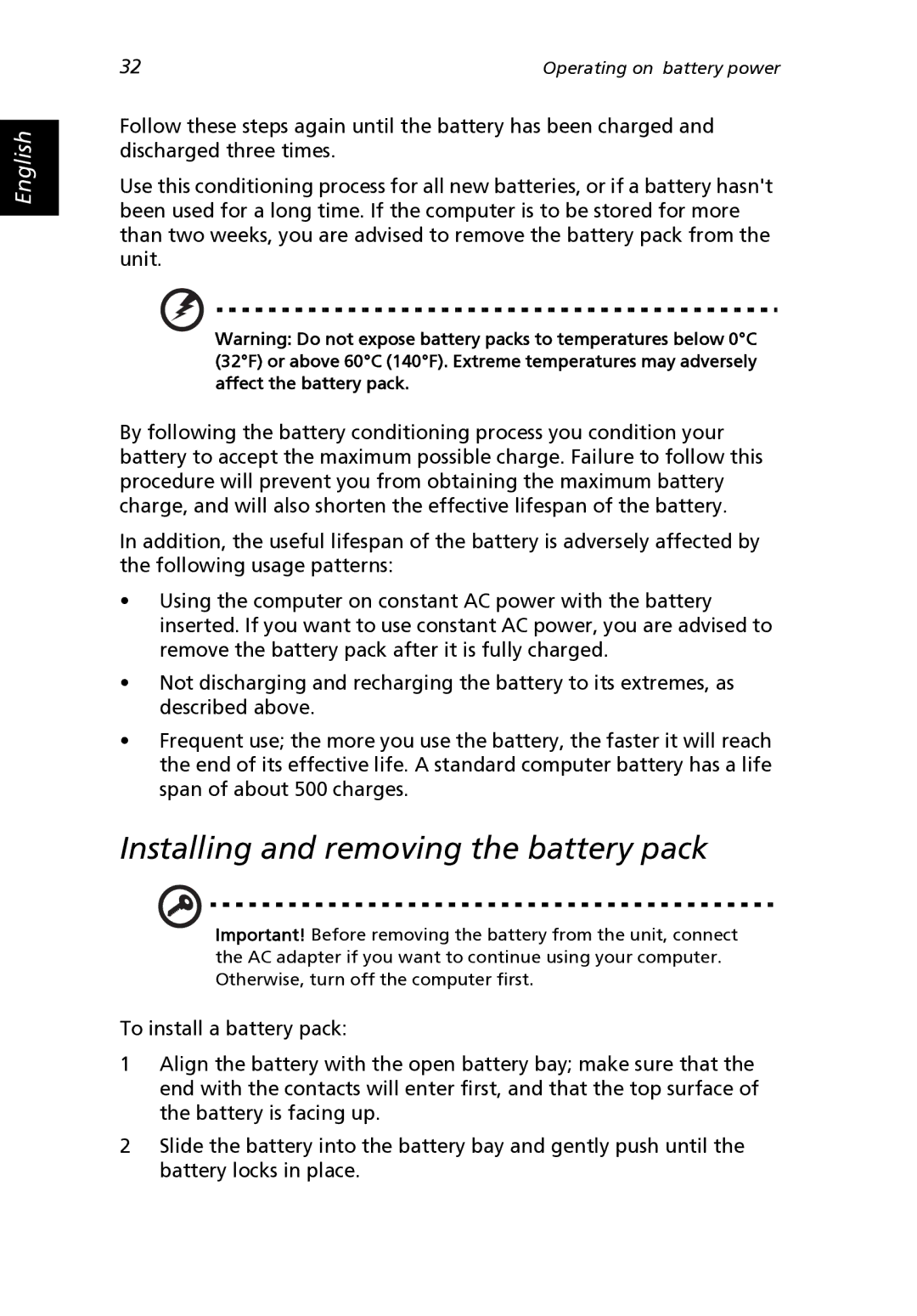 Acer 2000 Series, 2500 Series manual Installing and removing the battery pack 