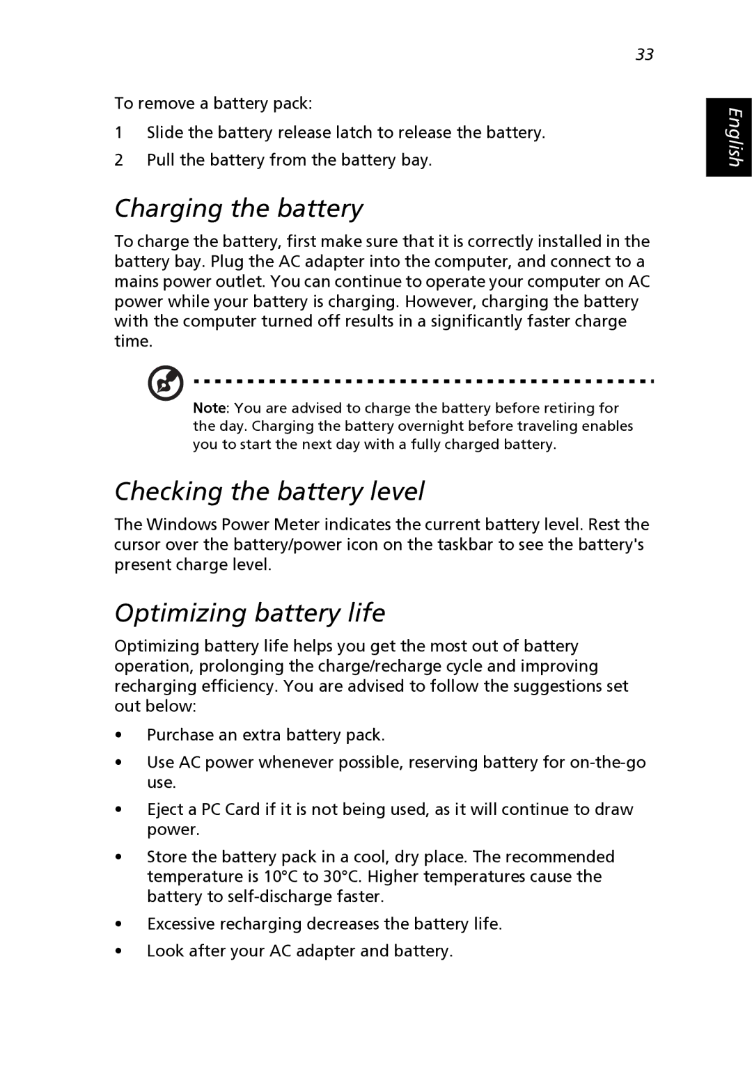 Acer 2500 Series, 2000 Series manual Charging the battery, Checking the battery level, Optimizing battery life 