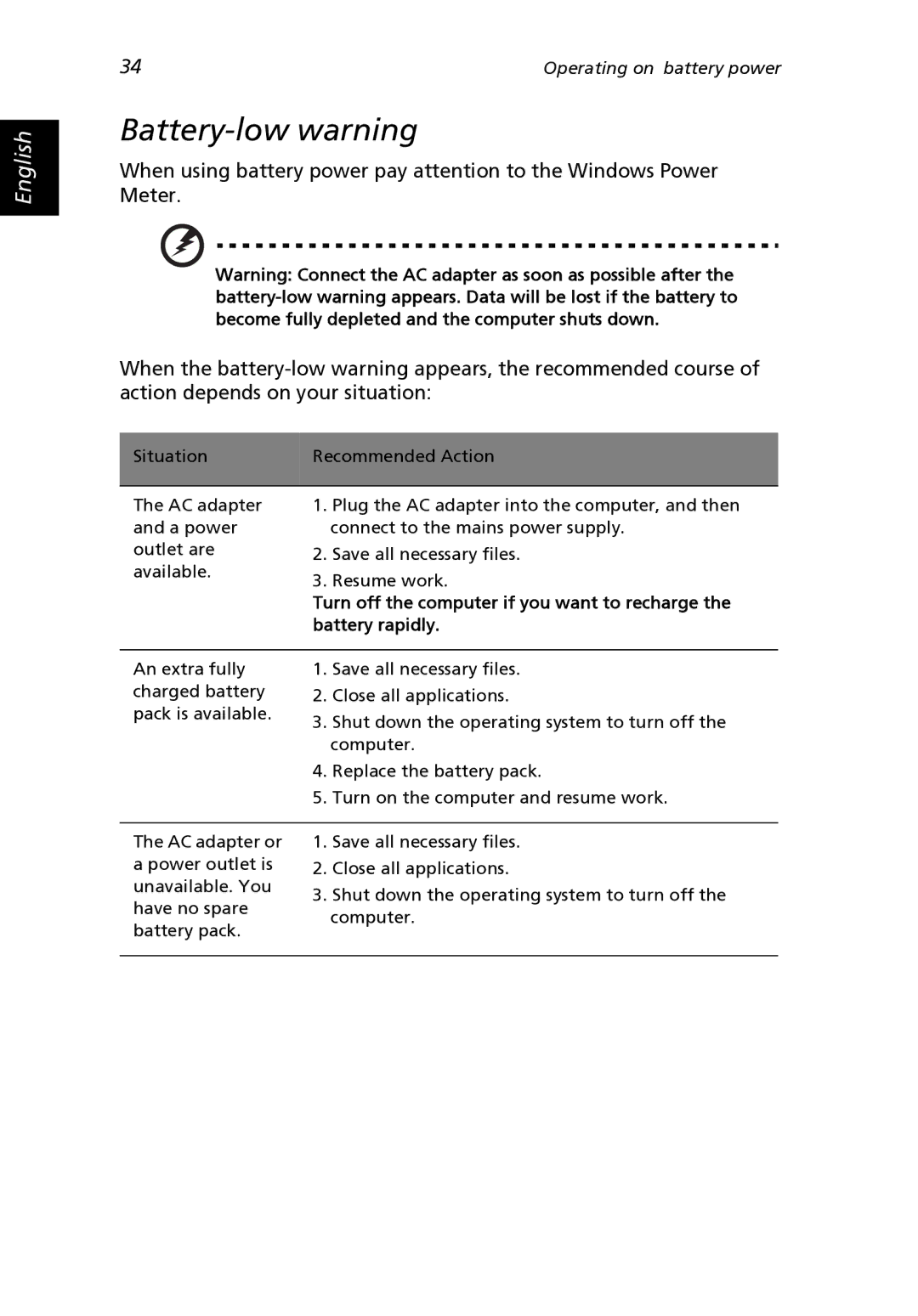 Acer 2000 Series, 2500 Series manual Battery-low warning 